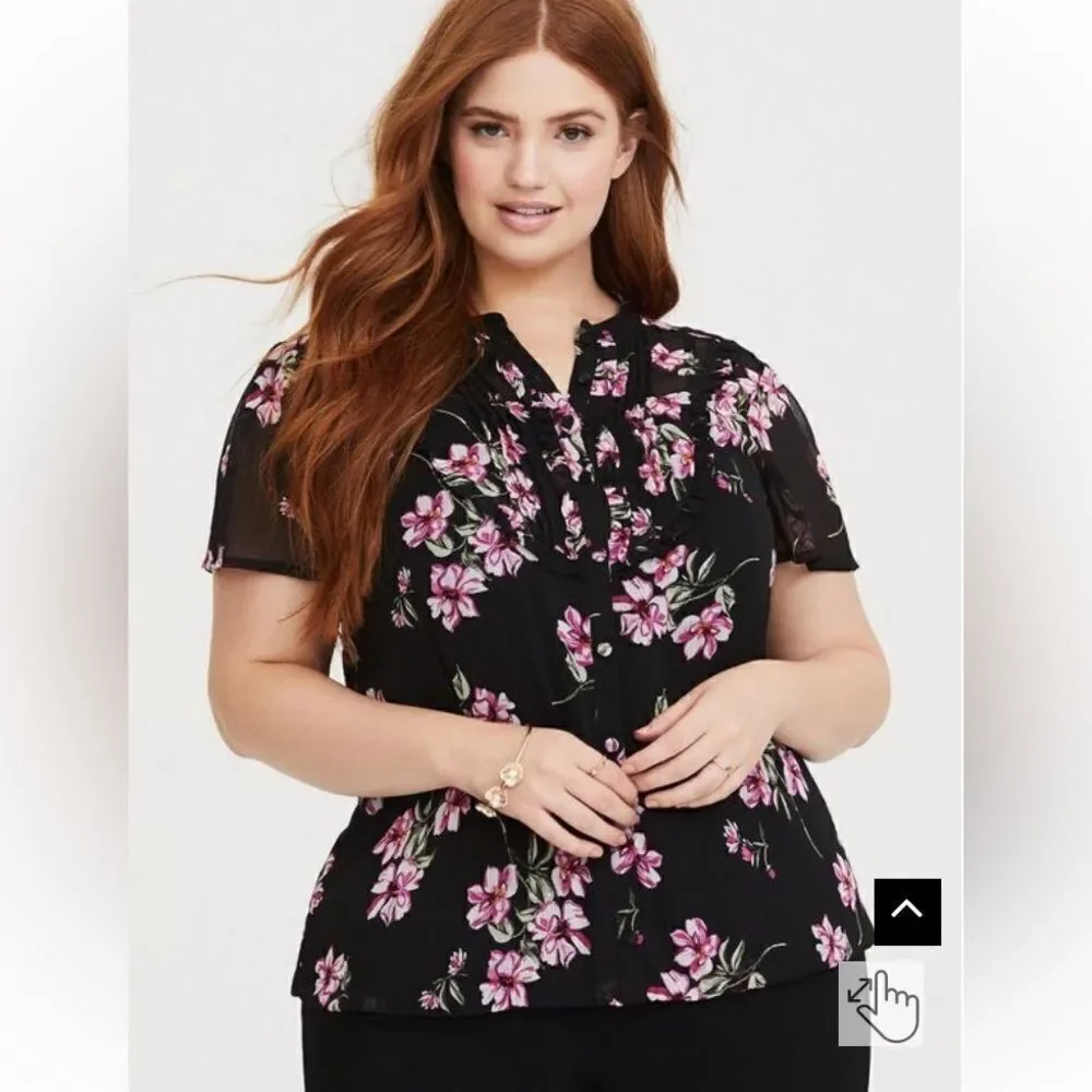 Torrid Wm’s Sz 4 Black Pink Floral Bubble Hem Sheer Chiffon Blouse
